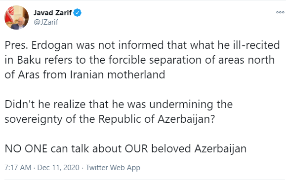 Iranian foreign minister Javad Zarif's tweet 