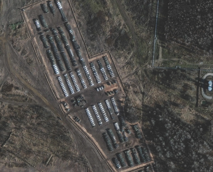 A satellite image taken on 1 November 2021 shows the rows of armoured cars and tanks near the town of Yelnya near Smolensk, in western Russia. AFP