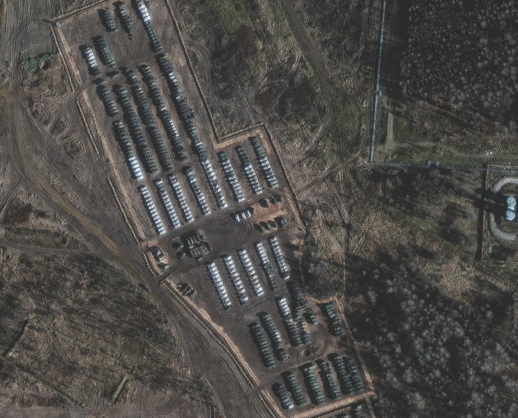  A satellite image taken on 1 November 2021 shows the rows of armoured cars and tanks near the town of Yelnya near Smolensk, in western Russia. AFP