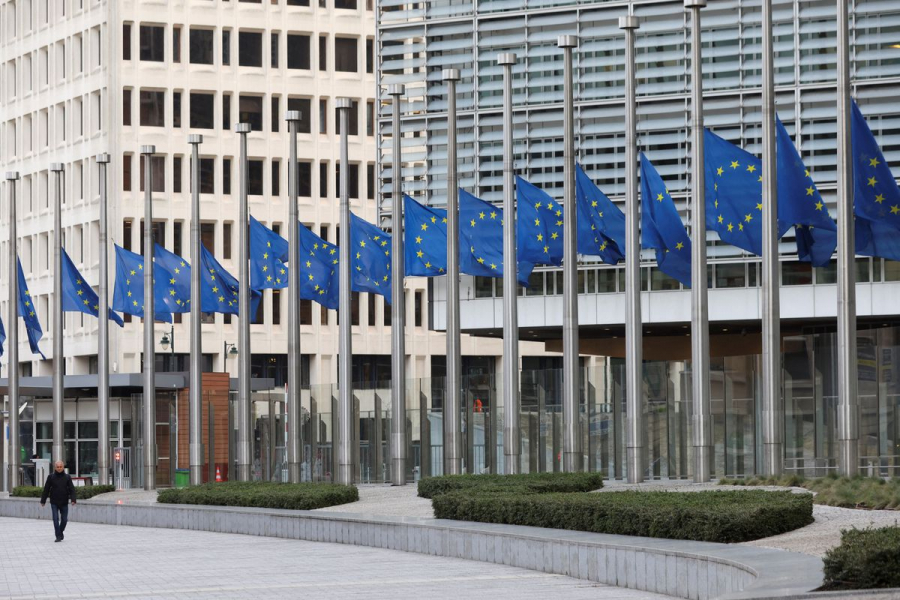 European Union's flags flutter at half mast in memory of late European Parliament President David Sassoli, in front of European Commission building, in Brussels, Belgium. Reuters