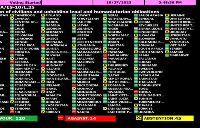 UN General Assembly overwhelmingly votes for a humanitarian truce in Gaza leading to a cessation of hostilities