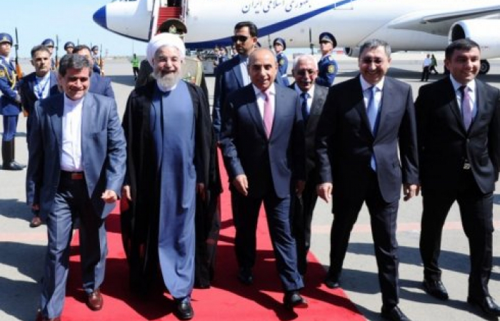 Iranian President Rohani arrives in Baku at the start of an official visit