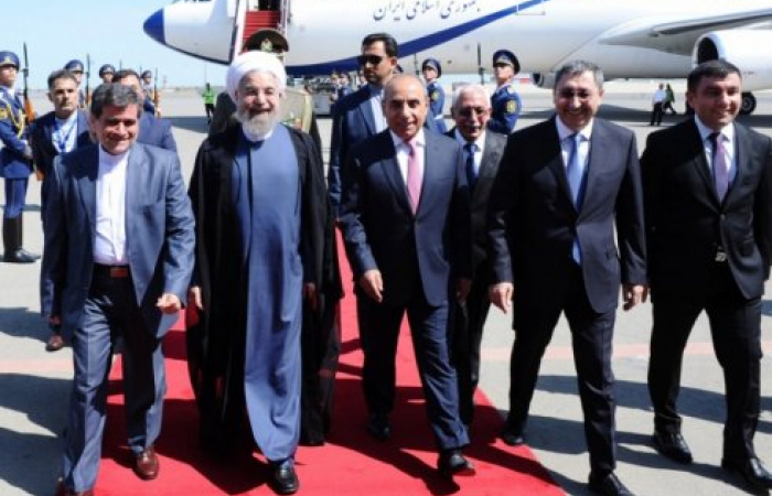Iranian President Rohani arrives in Baku at the start of an official visit