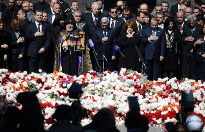 President Sargsyan lays wreath at Armenian Genocide Memorial in Yerevan. Thousands of Armenian citizens, Diaspora Armenians, and foreign guests are visiting the Armenian Genocide Memorial throughout the day.